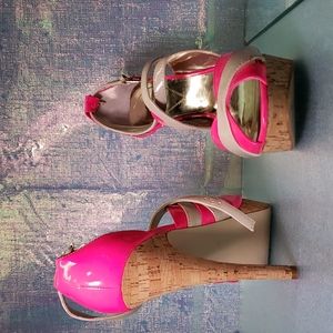 Hot pink and cork Guess 5 inch stilletos